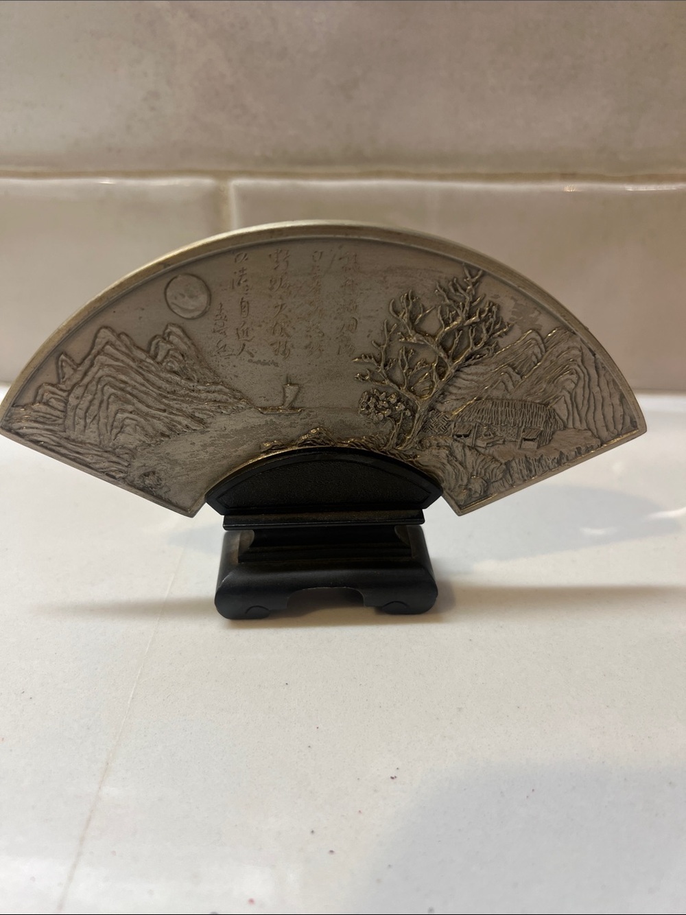 Vintage Royal Selangor Pewter Chinese Fan Tang Dynasty Chien Ti River Scene